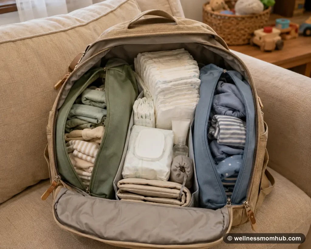 Open diaper bag showing organized compartments with diapers, wipes, a blanket, and baby clothes neatly packed