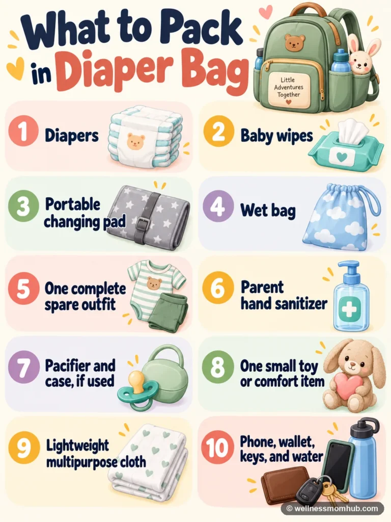 Illustrated infographic listing ten diaper bag essentials including diapers, wipes, a changing pad, spare outfit, and hand sanitizer