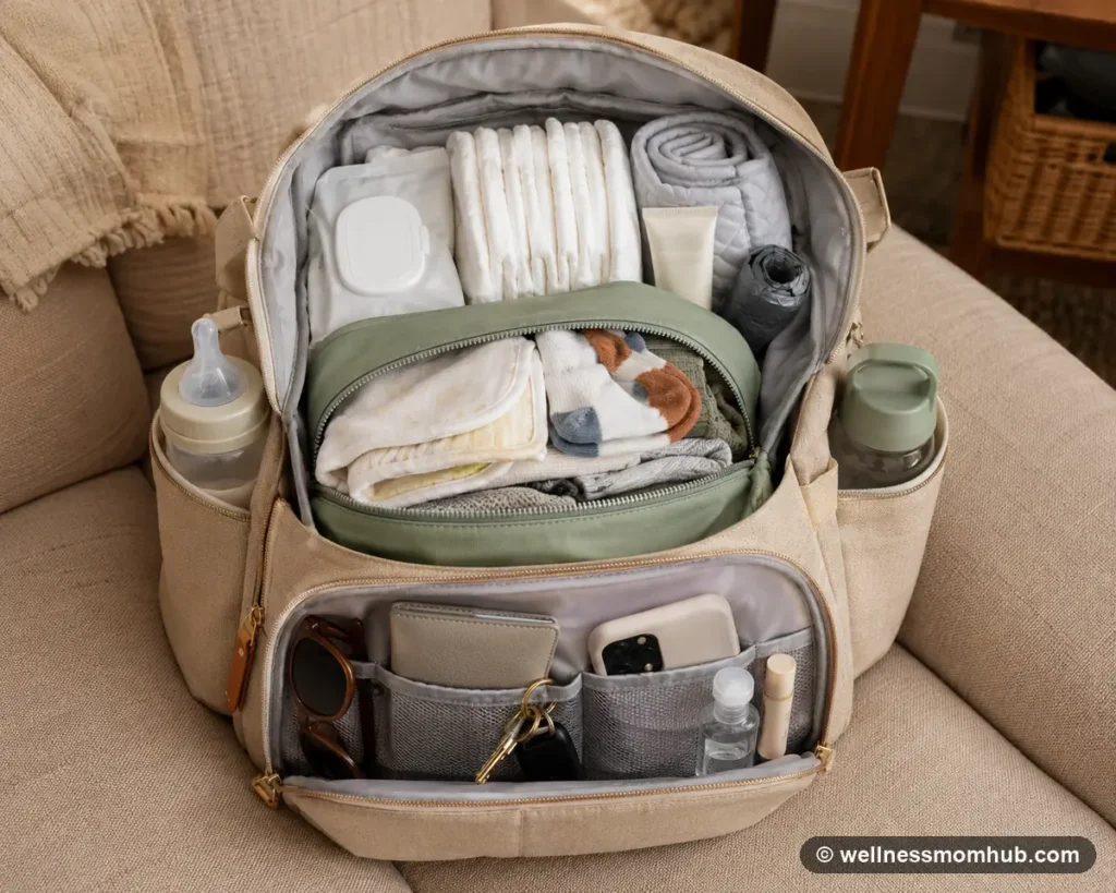 Diaper bag with front pocket open showing sunglasses, phone, keys, hand sanitizer, and a baby bottle in the side pocket