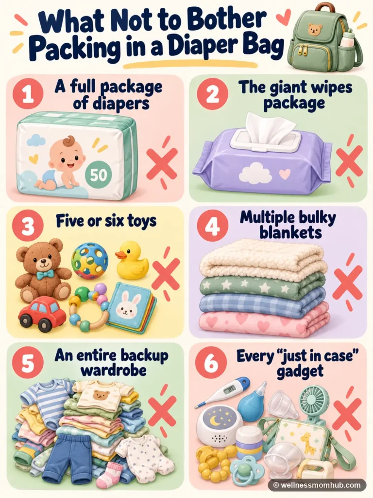 Illustrated infographic of six items to skip when packing a diaper bag, including a full diaper package, too many toys, and bulky blankets
