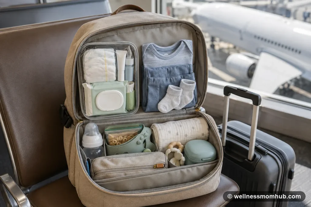Diaper bag packed for travel at an airport with baby clothes, snacks in a container, a bib, a teether, and a bottle