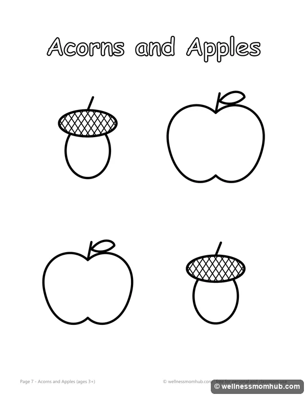 Acorns and apples coloring page with two acorns and two apples
