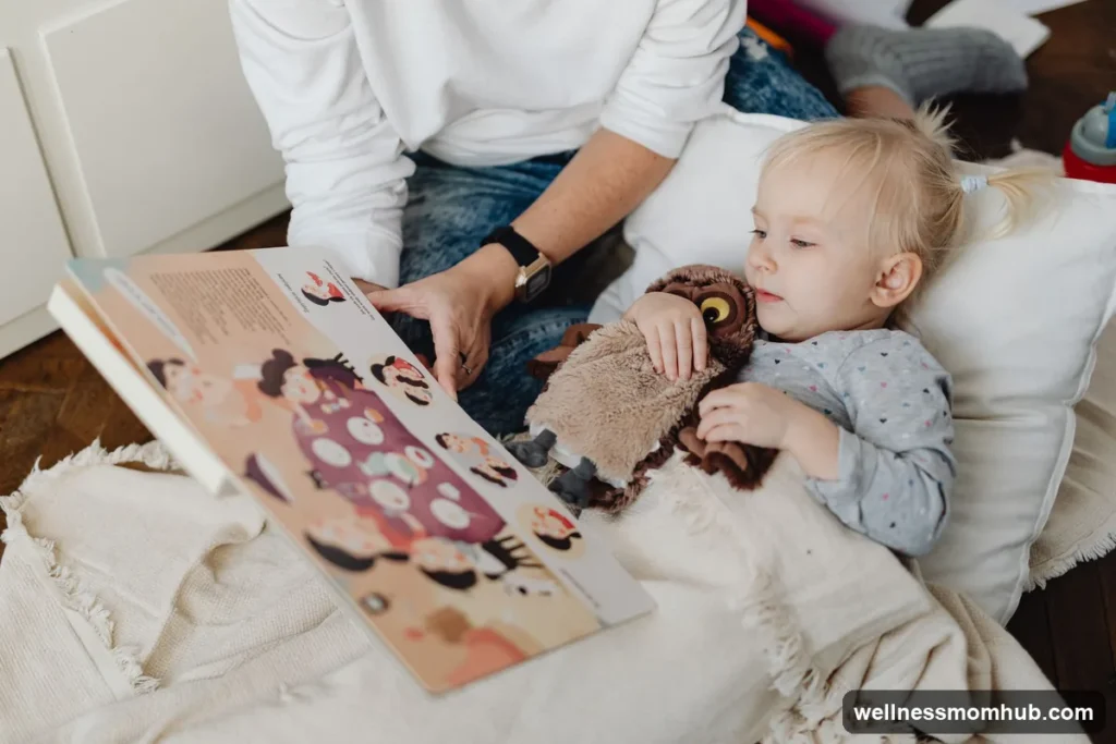Parent reading a picture book to a toddler in bed during the evening wind-down