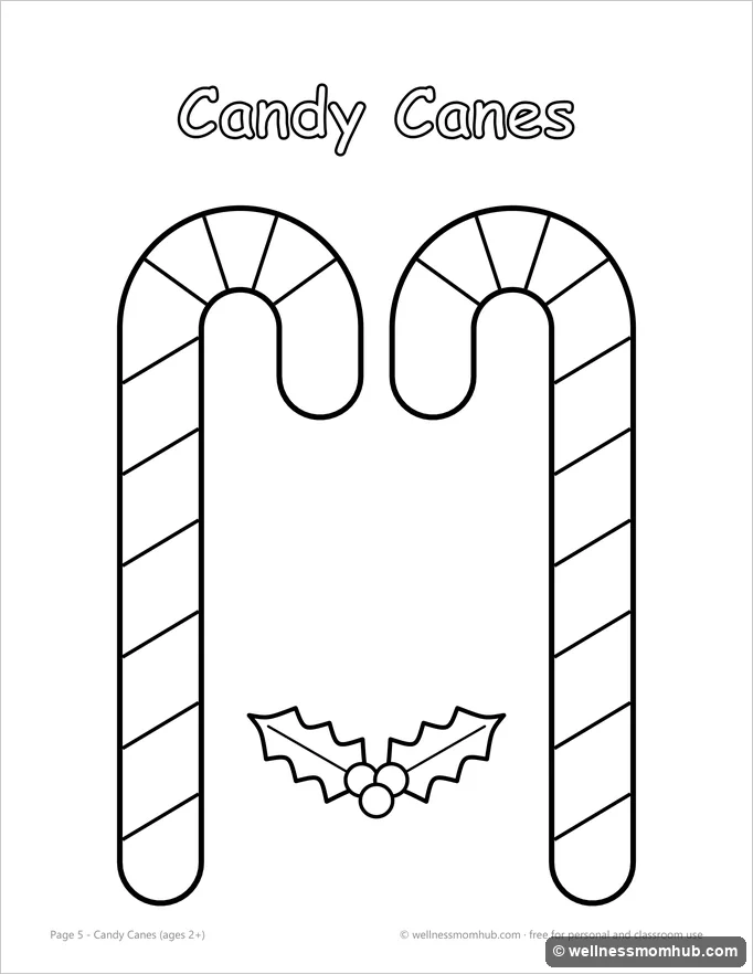 Candy cane coloring page with two striped candy canes and holly