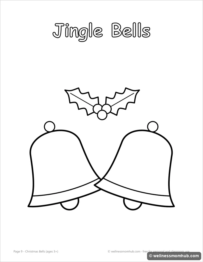 Jingle bells coloring page with two bells and holly leaves