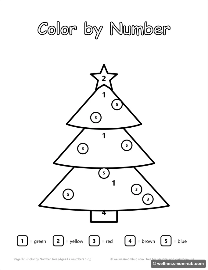 Christmas tree color by number page with numbers 1 to 5 and a color key