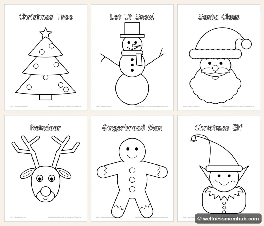 Six of the free Christmas coloring pages: Christmas tree, snowman, Santa, reindeer, gingerbread man and elf