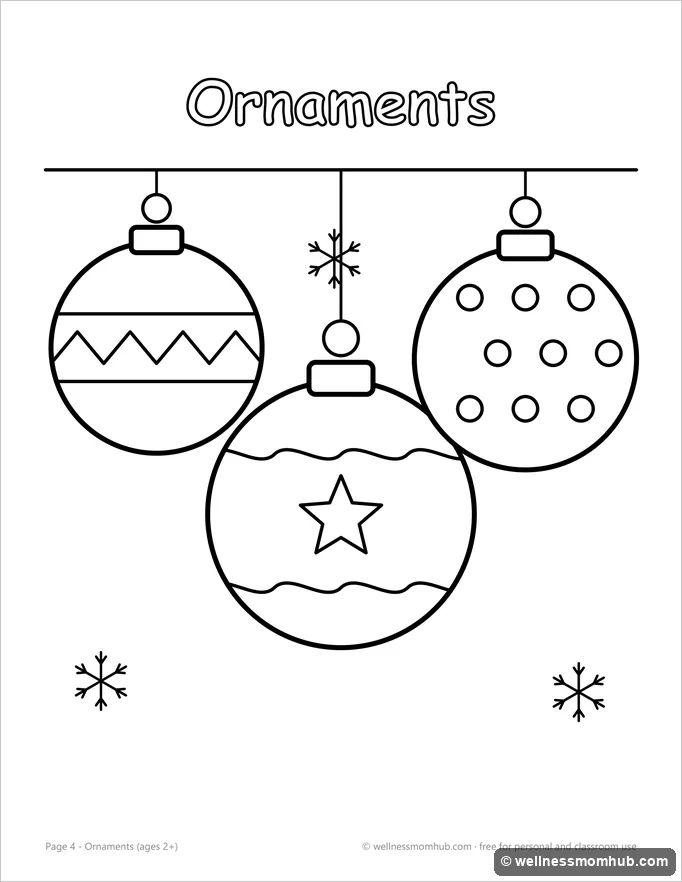 Christmas ornament coloring page with three hanging baubles and snowflakes