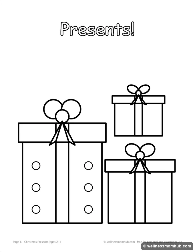 Christmas presents coloring page with three wrapped gifts and bows