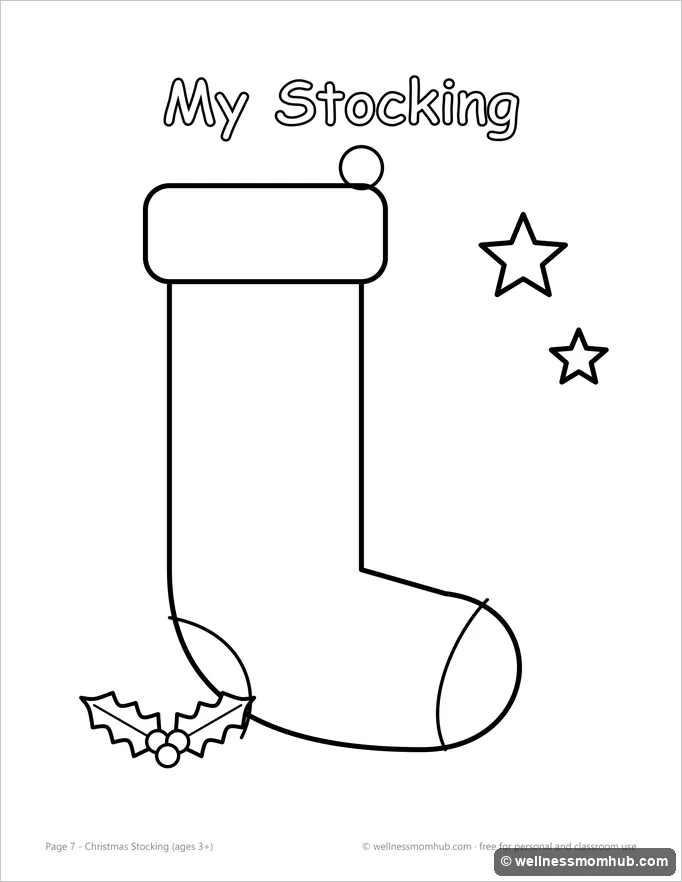 Christmas stocking coloring page with a cuff, heel, toe, stars and holly