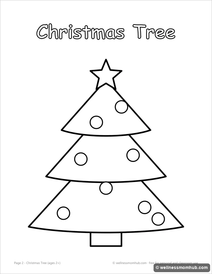 Simple Christmas tree coloring page with a star and round ornaments for toddlers