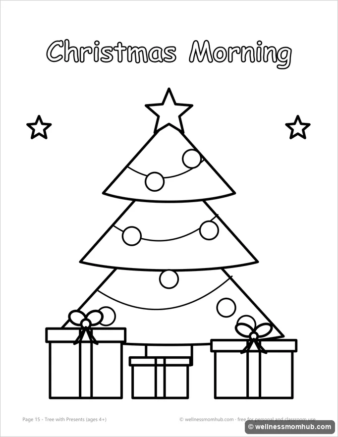 Detailed Christmas tree coloring page with garland, ornaments and presents underneath