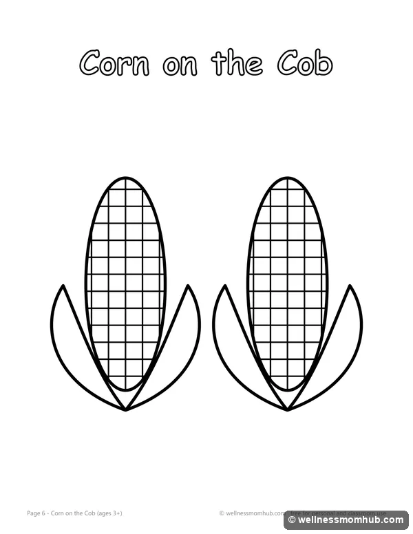 Corn on the cob coloring page with two ears of corn and a grid of kernels