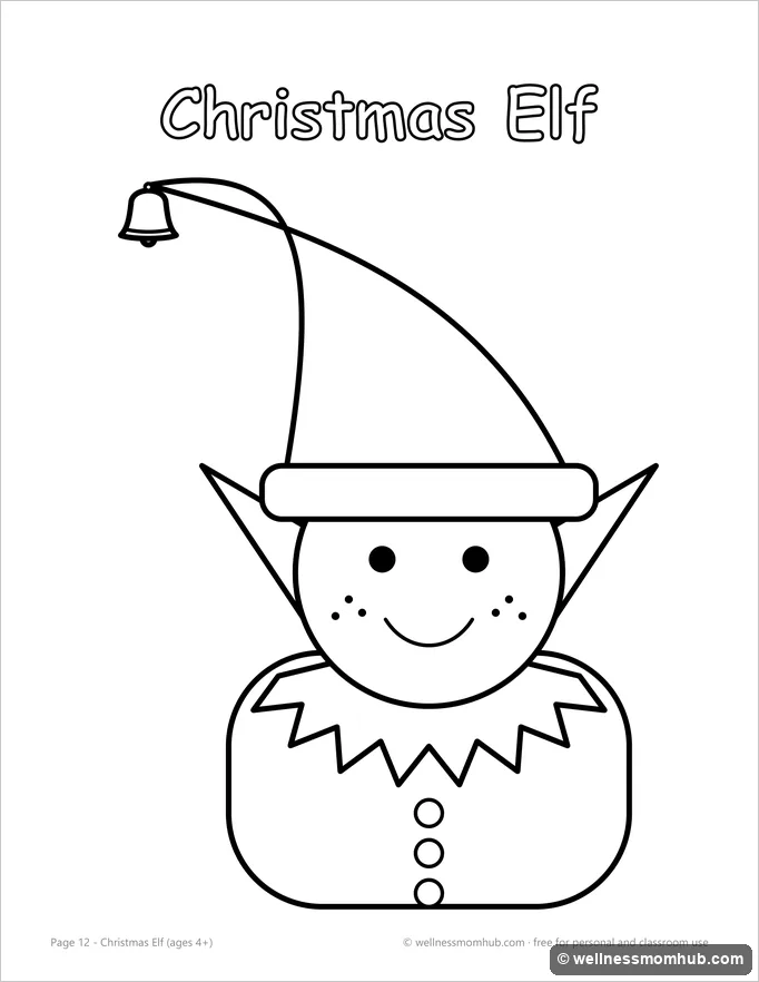 Christmas elf coloring page with pointy ears, a long hat with a bell and a pointed collar