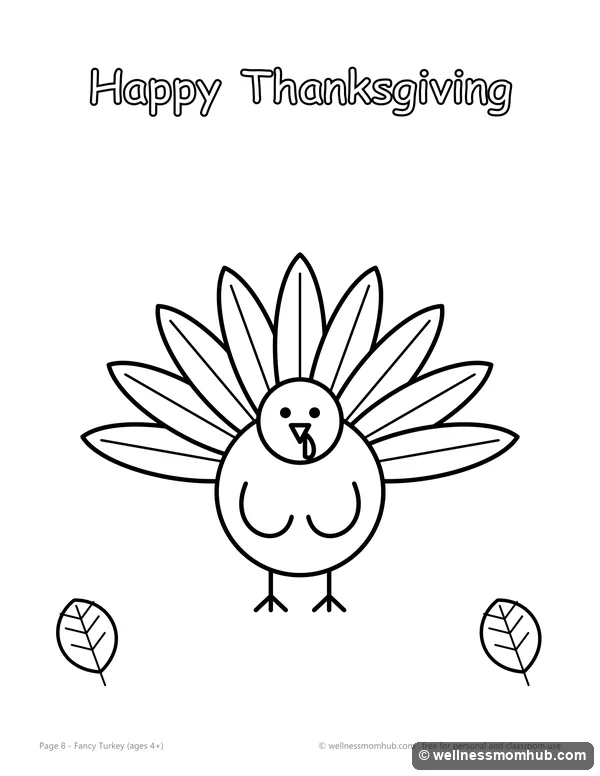 Detailed Thanksgiving turkey coloring page with nine striped feathers and wings