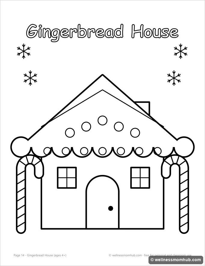 Gingerbread house coloring page with an icing roof, gumdrops and candy canes