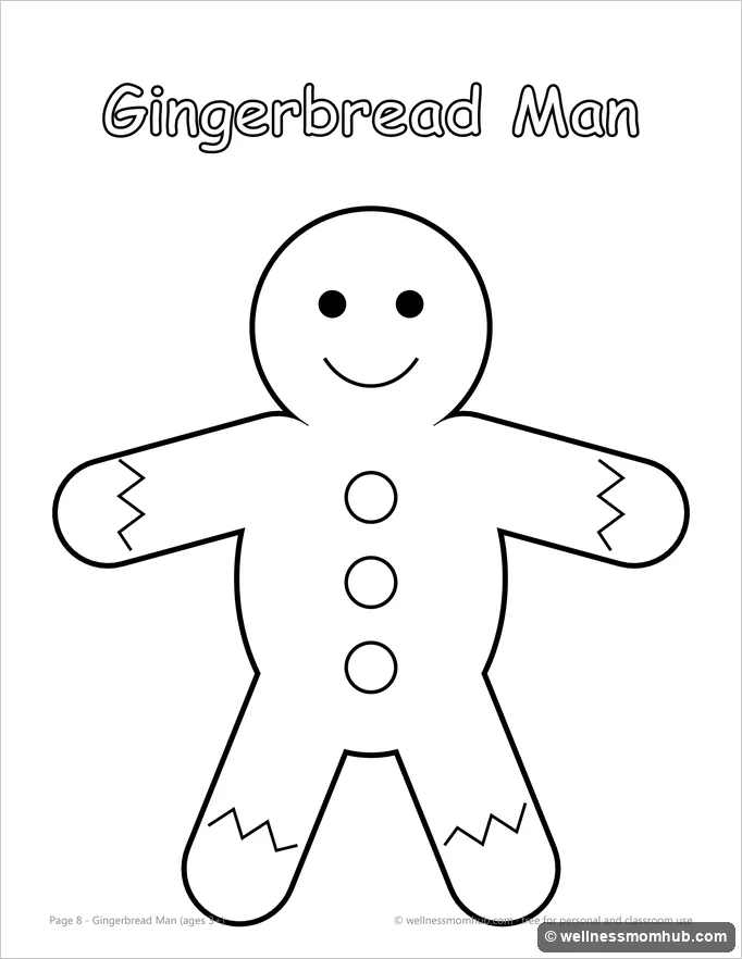 Gingerbread man coloring page with buttons, a smile and icing squiggles