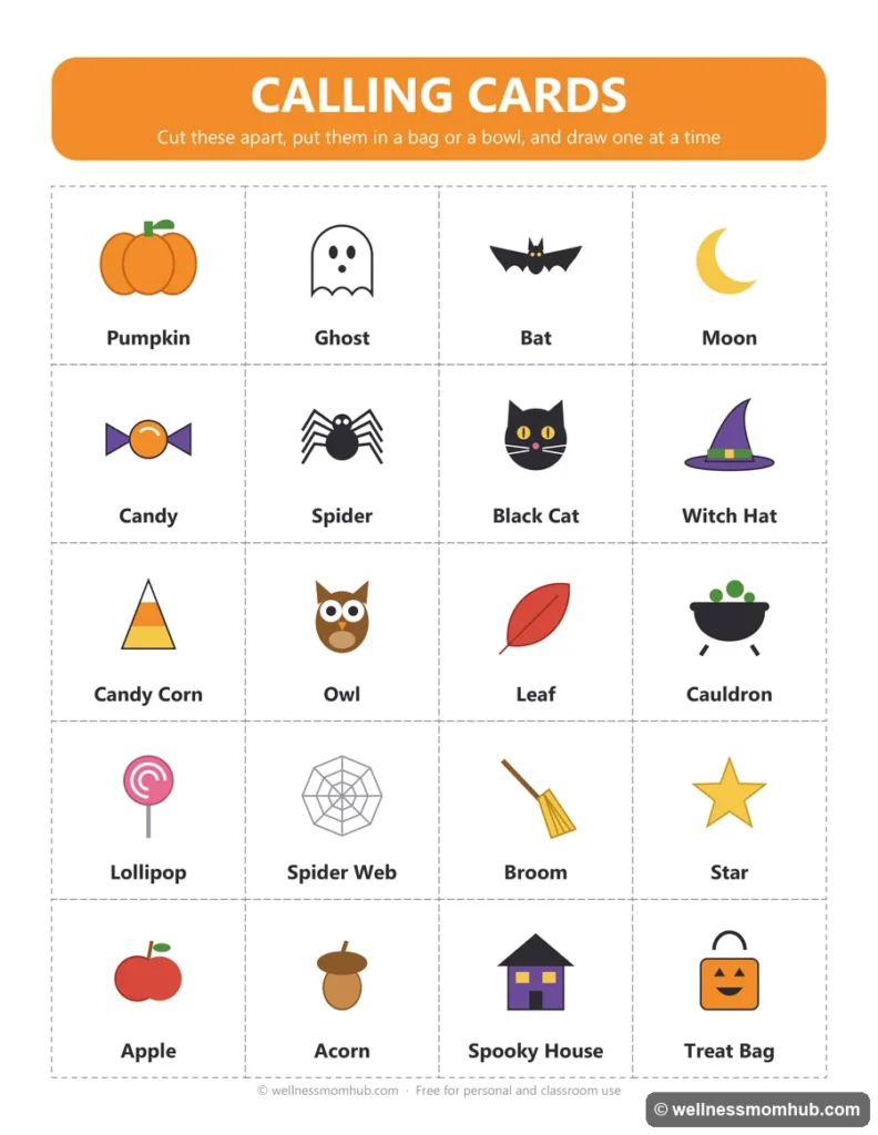 Twenty Halloween bingo calling cards to cut apart, each with a picture and its word