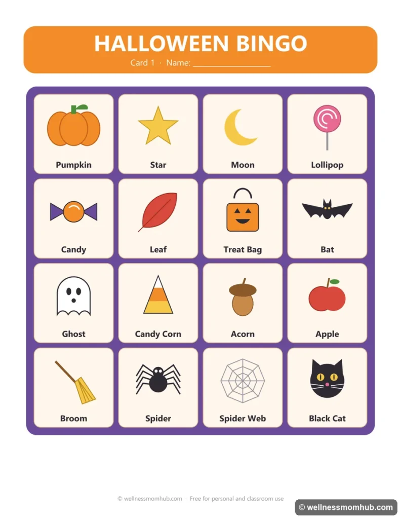 Printable Halloween bingo card with 16 picture squares and words, including candy corn, witch hat and spider