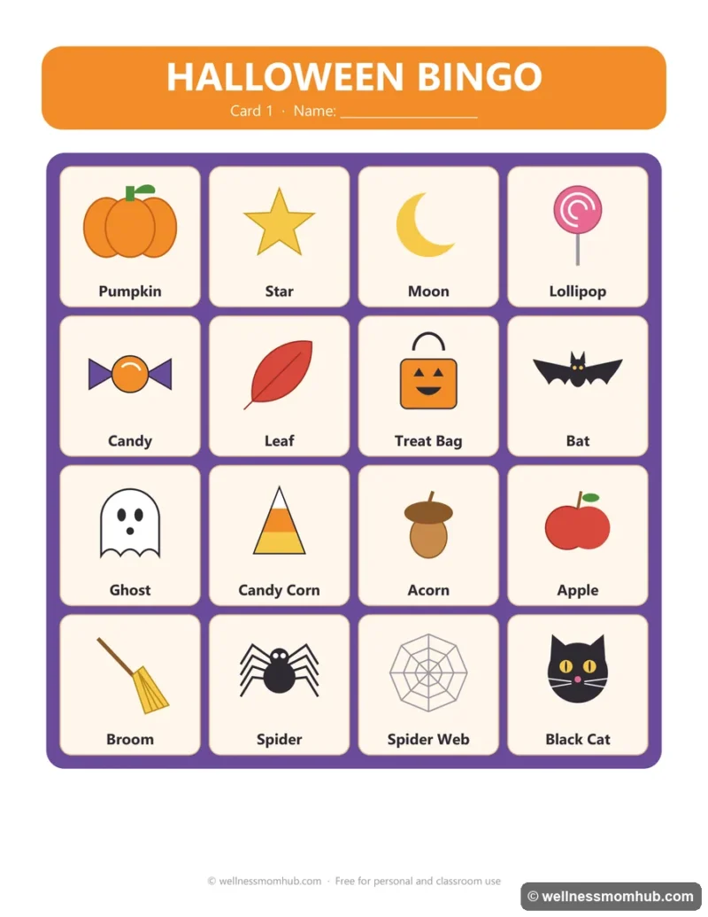 Printable Halloween bingo card with 16 picture squares and words, including candy corn, witch hat and spider