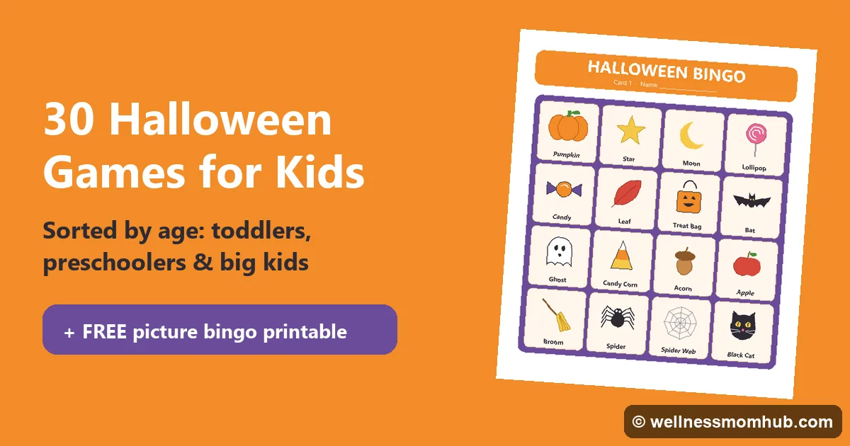 Halloween games for kids: a free printable picture bingo card with pumpkin, ghost, bat and black cat squares