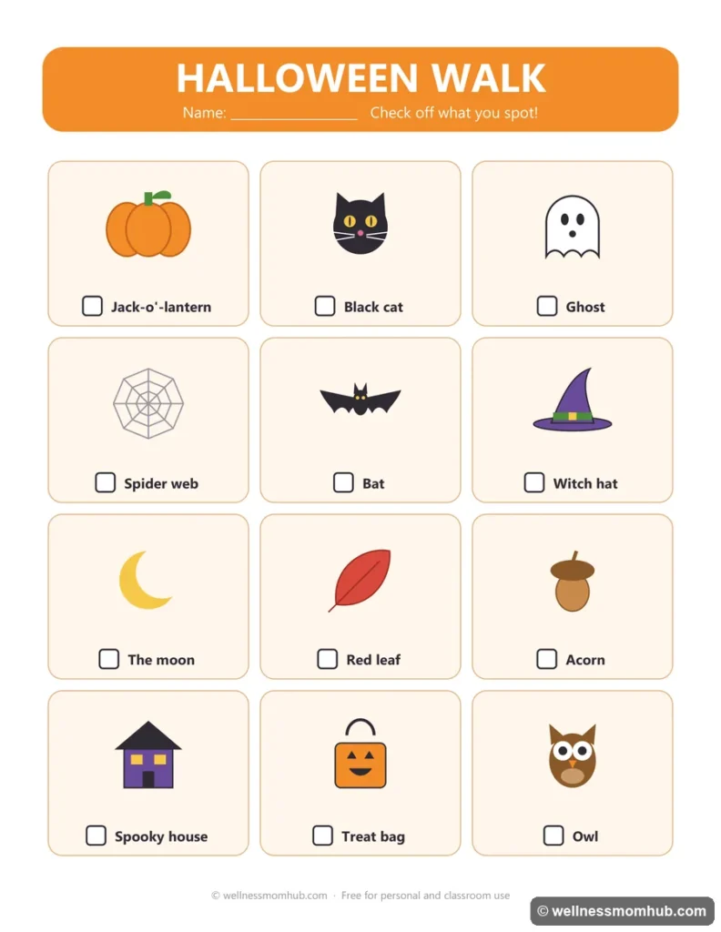Printable Halloween walk scavenger hunt checklist with 12 pictures to check off, including a jack-o'-lantern, black cat and spooky house