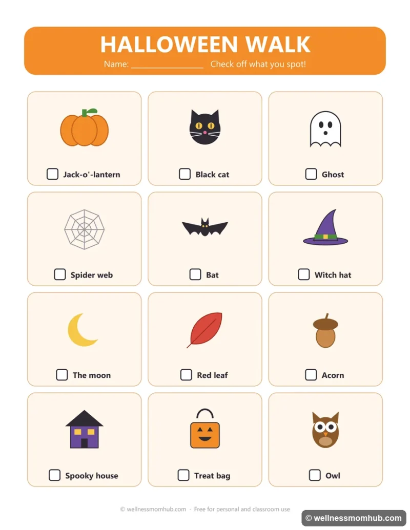 Printable Halloween walk scavenger hunt checklist with 12 pictures to check off, including a jack-o'-lantern, black cat and spooky house
