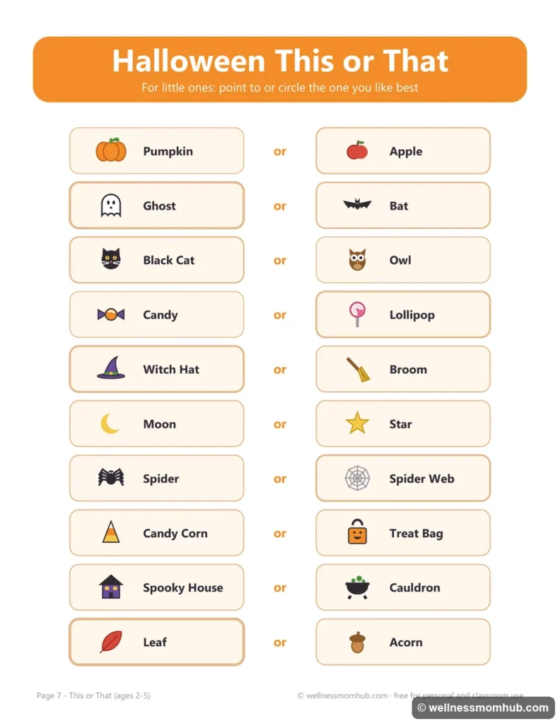 Halloween this or that picture page for toddlers with pairs like pumpkin or apple and ghost or bat