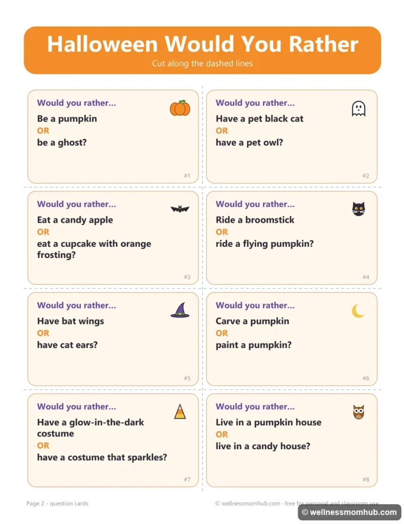 Printable Halloween would you rather cards, eight question cards per page with dashed cut lines