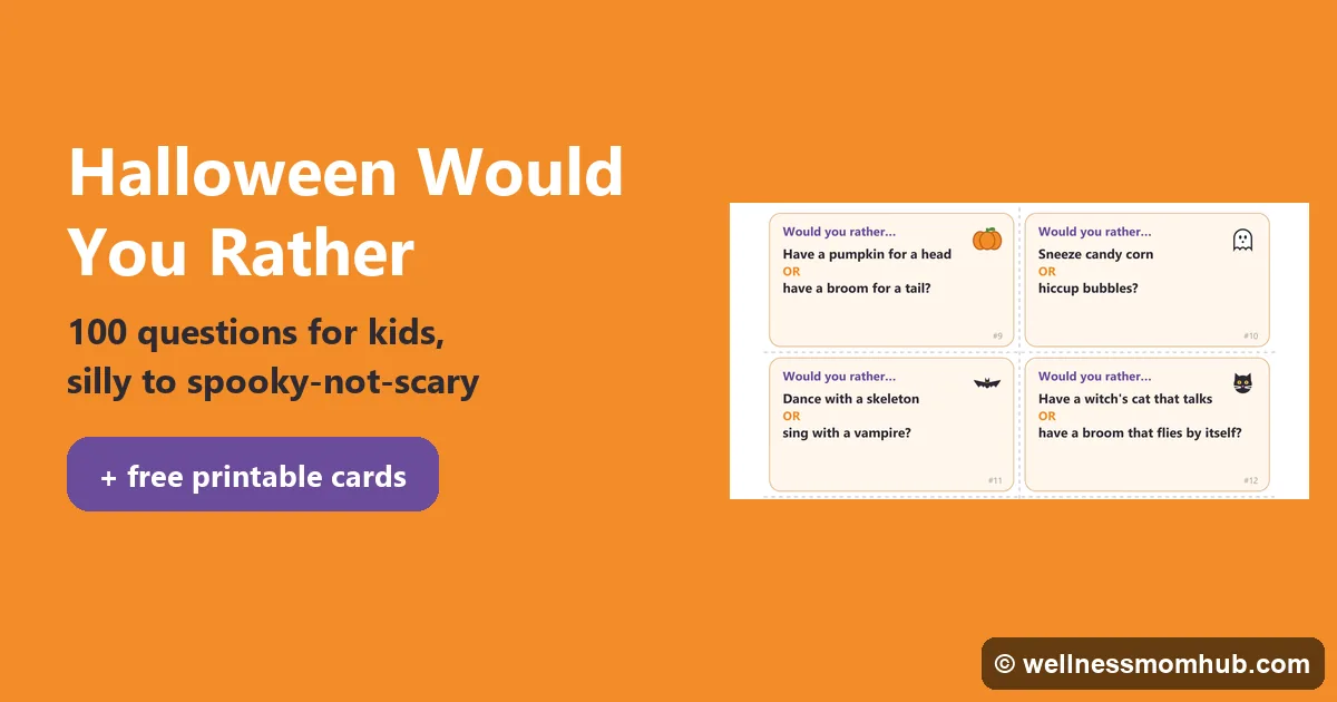 Halloween would you rather questions for kids: printable question cards with pumpkin, ghost and bat pictures