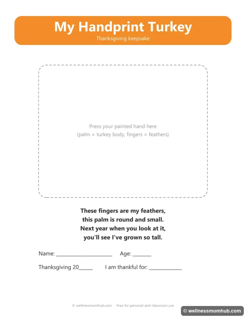Handprint turkey keepsake page with a box for a painted handprint, a short poem, and lines for name, age and year