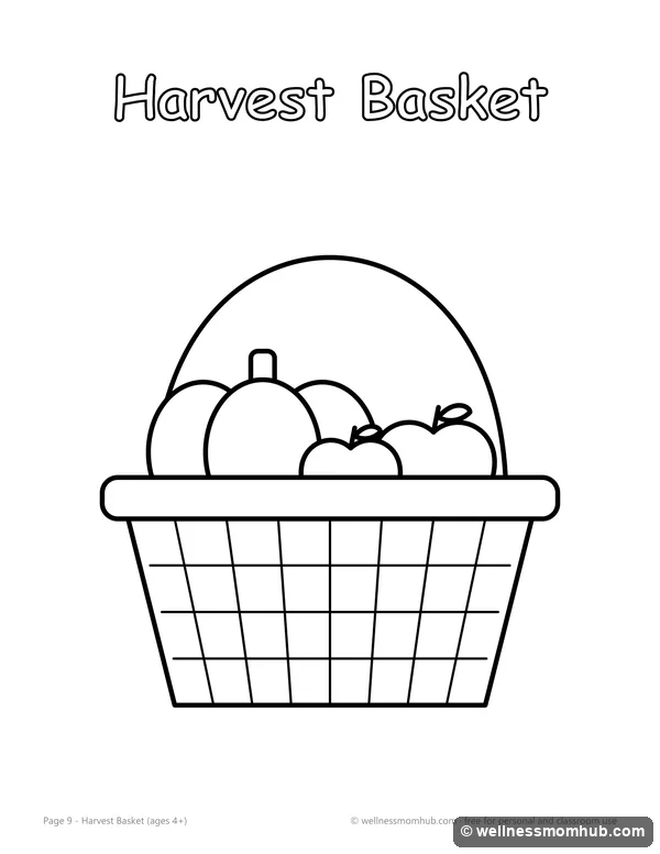 Harvest basket coloring page with a woven basket full of apples and a pumpkin