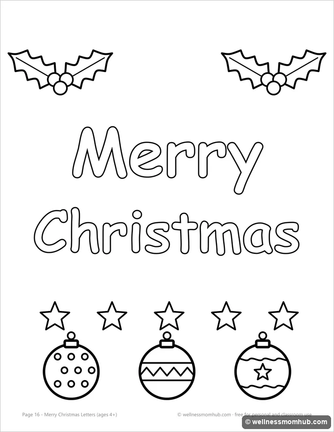 Merry Christmas bubble letters coloring page with holly, stars and ornaments