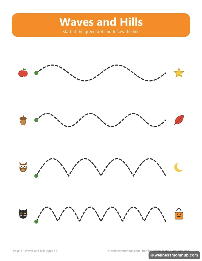 Printable pre-writing tracing page with wavy lines and hills to trace from a green start dot
