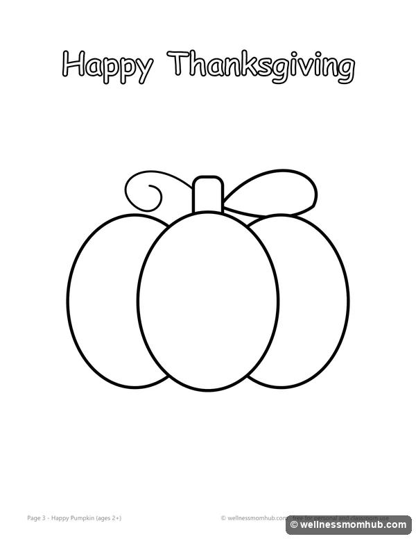 Happy Thanksgiving pumpkin coloring page with a stem, leaf and curly vine