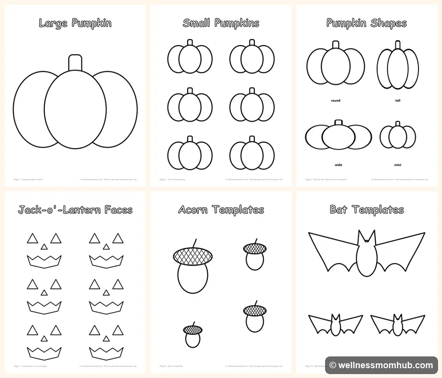 Set of printable pumpkin outline, small pumpkin, jack-o'-lantern face, acorn, leaf and bat templates