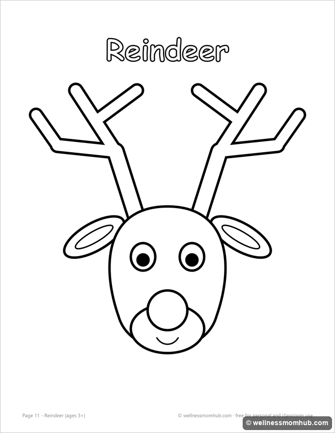 Reindeer coloring page with antlers and a big round nose