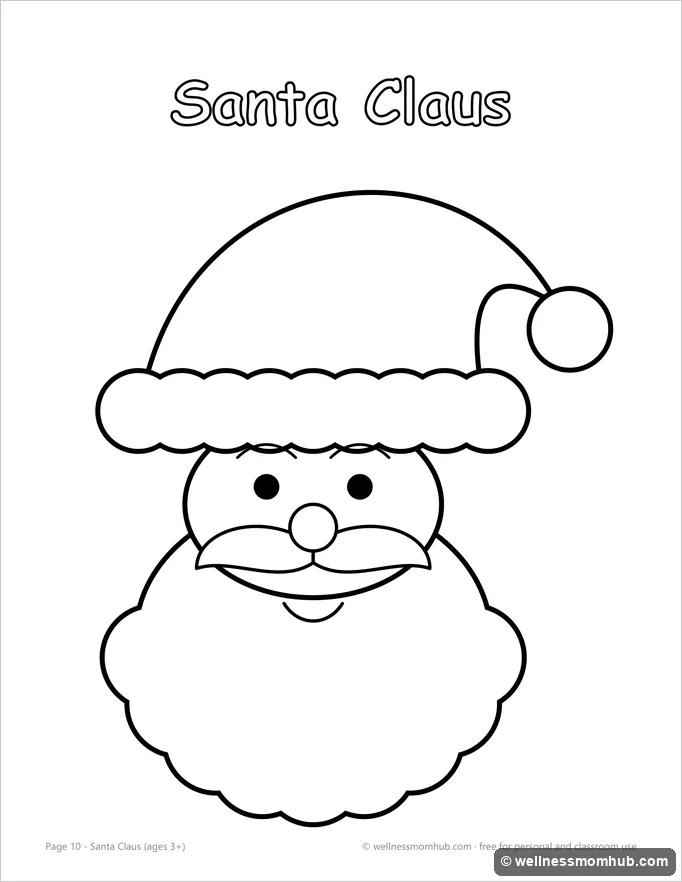Santa Claus coloring page with a fluffy beard, mustache and floppy hat