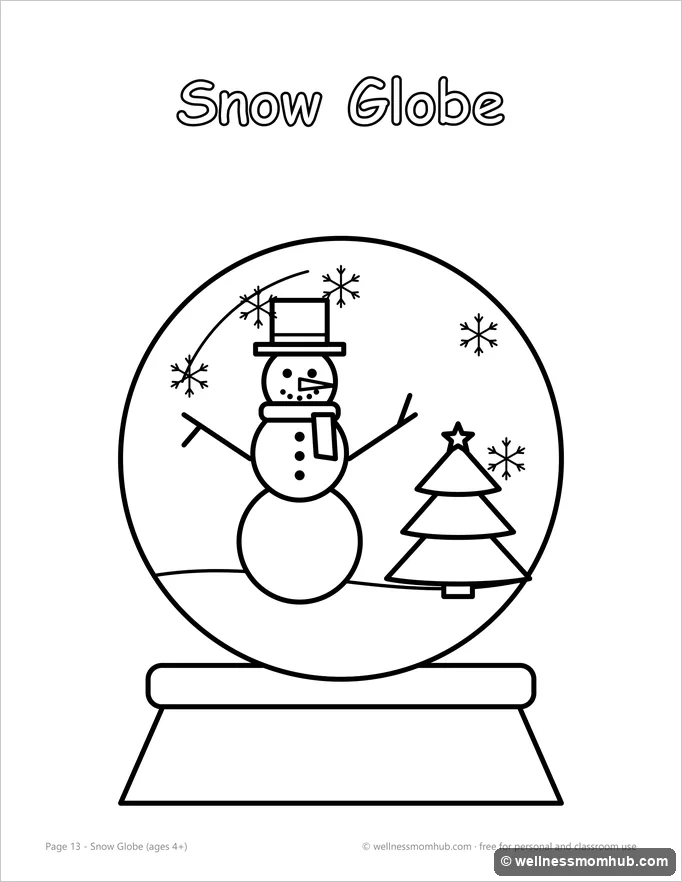 Snow globe coloring page with a snowman, a tree and snowflakes inside