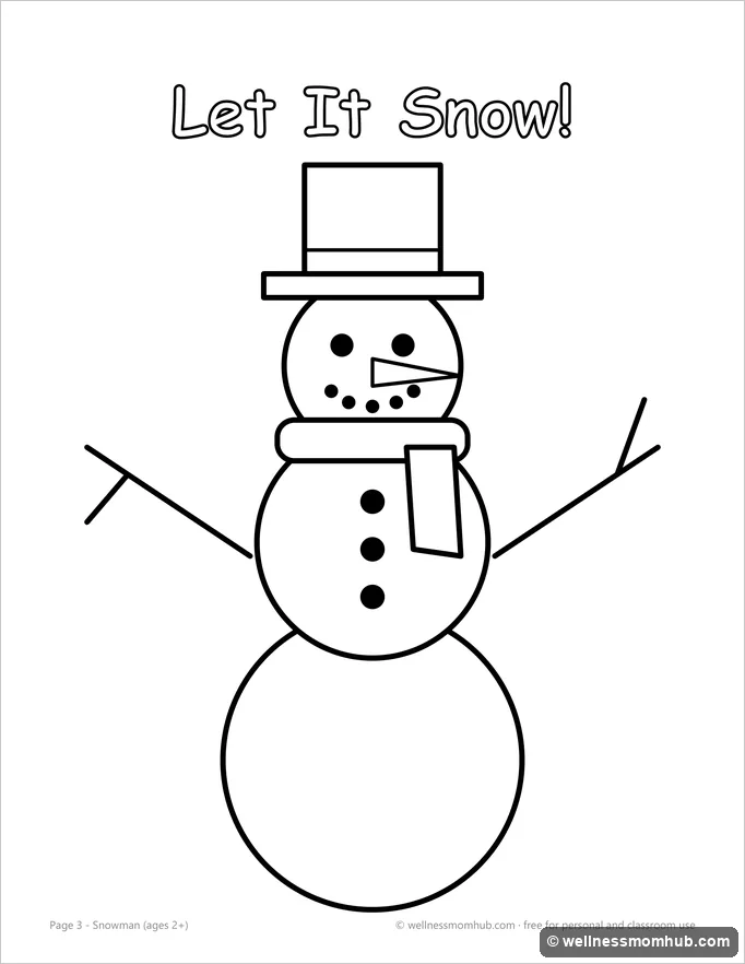 Snowman coloring page with a top hat, scarf, carrot nose and stick arms