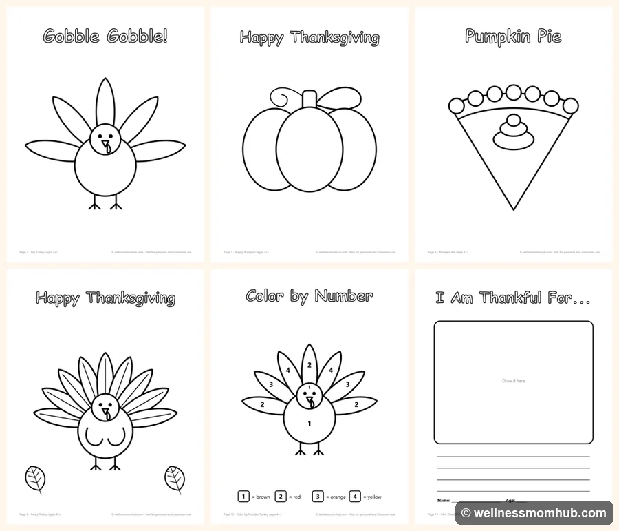 Six of the free Thanksgiving coloring pages: big turkey, pumpkin, pumpkin pie, fancy turkey, color-by-number turkey and thankful page