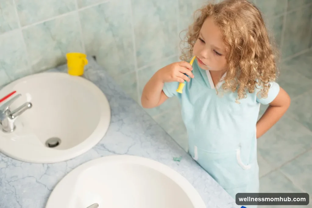 Little girl brushing her teeth at the bathroom sink as part of her morning routine