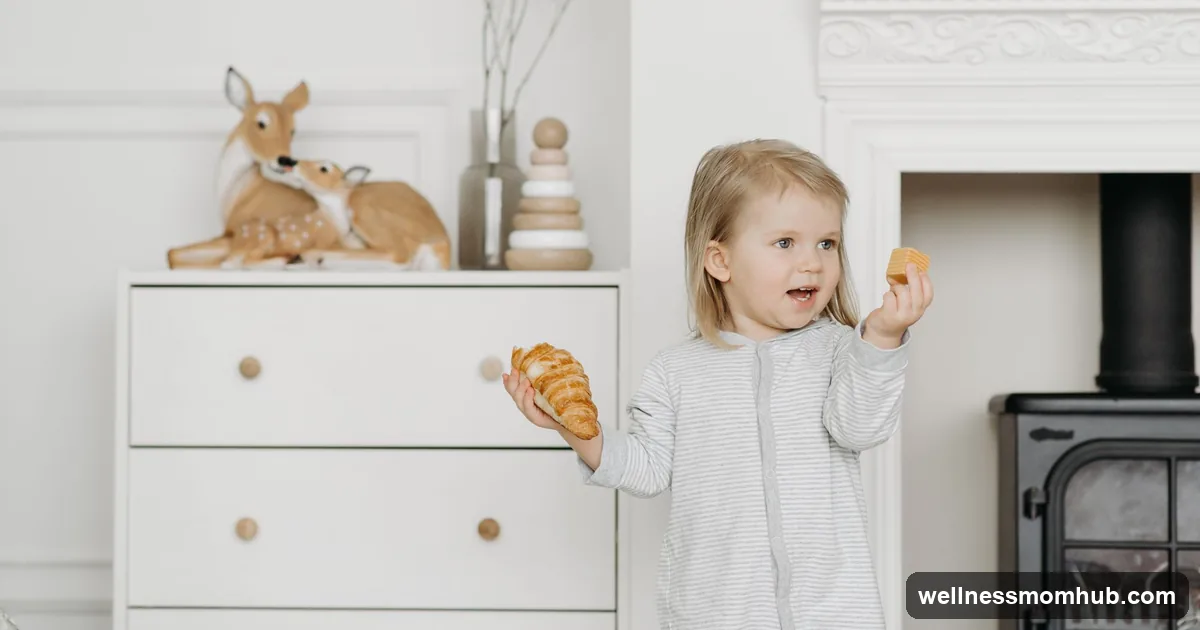 Toddler in pajamas holding a croissant in her bedroom in the morning