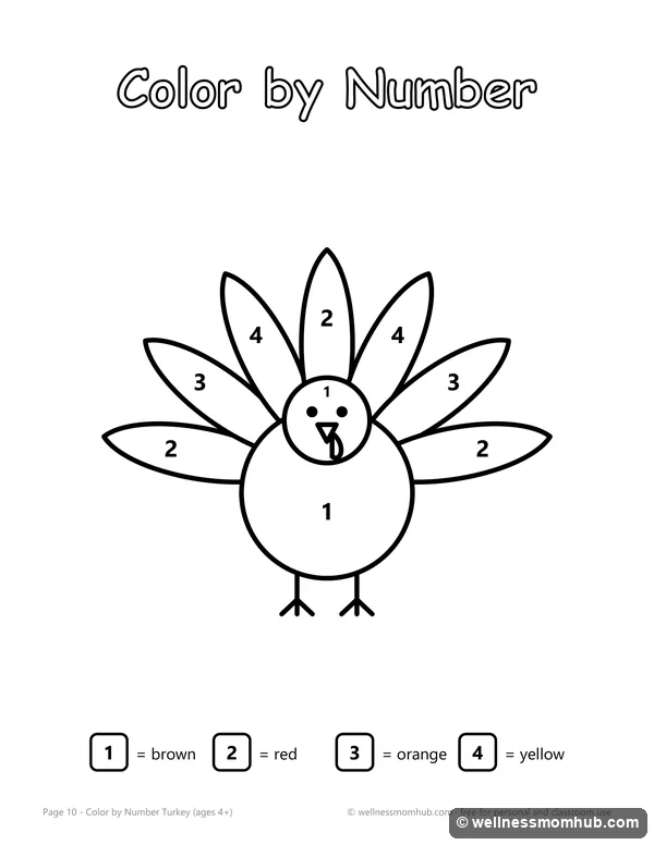 Turkey color-by-number page with numbers 1 to 4 for brown, red, orange and yellow