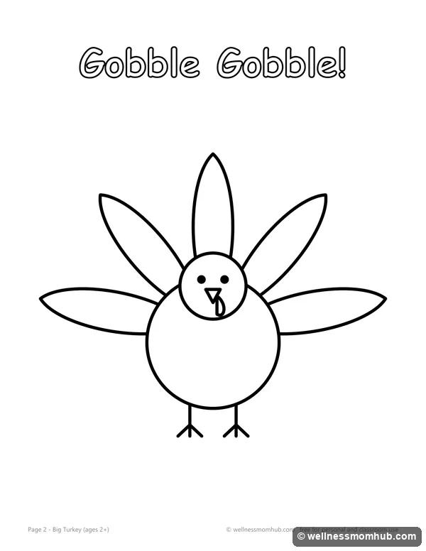 Simple turkey coloring page for toddlers with five big feathers and thick outlines